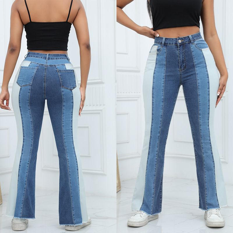 Women’s Color Block Patchwork Flare Jeans High Waisted Bell Bottom Raw Hem Denim Blue Color front and back views