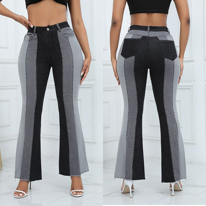 Women’s Color Block Patchwork Flare Jeans High Waisted Bell Bottom Raw Hem Denim Black Color front and back views