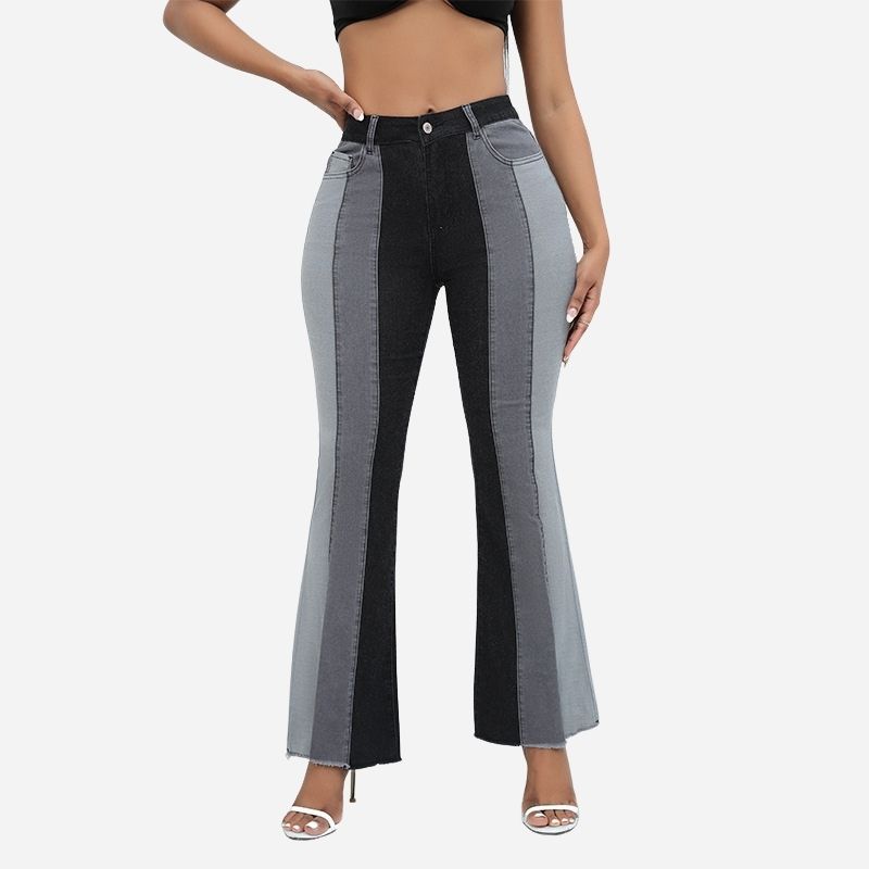 Women’s Color Block Patchwork Flare Jeans High Waisted Bell Bottom Raw Hem Denim Black Color