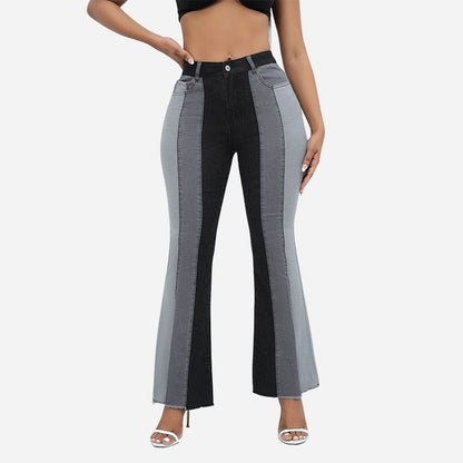 Women’s Color Block Patchwork Flare Jeans High Waisted Bell Bottom Raw Hem Denim Black Color