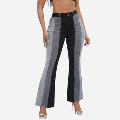Women’s Color Block Patchwork Flare Jeans High Waisted Bell Bottom Raw Hem Denim Black Color