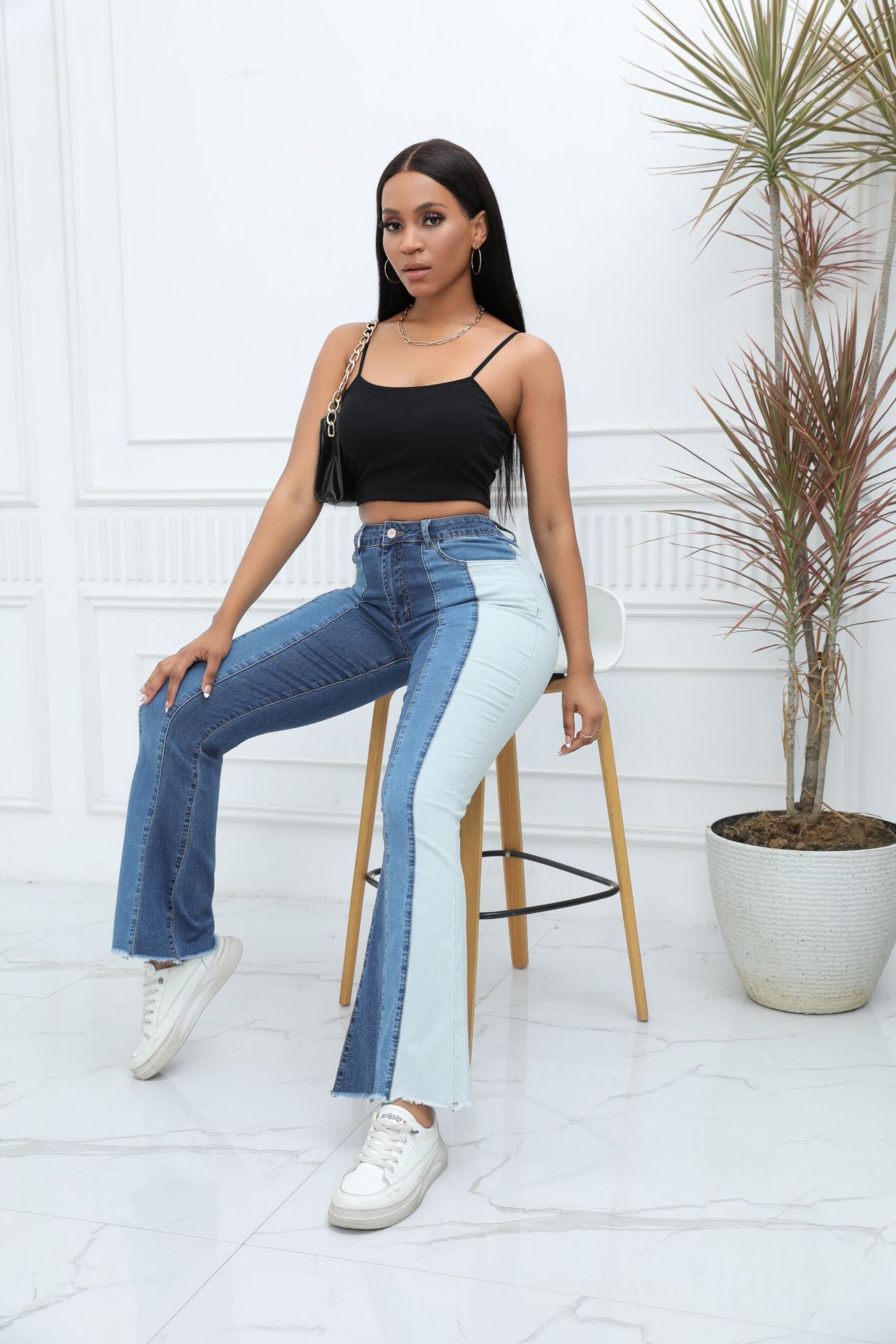 Women’s Color Block Patchwork Flare Jeans High Waisted Bell Bottom Raw Hem Denim Blue Color