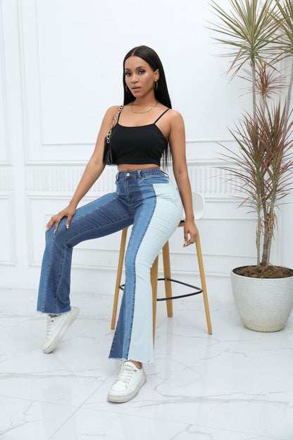 Women’s Color Block Patchwork Flare Jeans High Waisted Bell Bottom Raw Hem Denim Blue Color