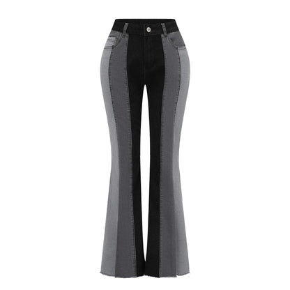 Women’s Color Block Patchwork Flare Jeans High Waisted Bell Bottom Raw Hem Denim Black Color