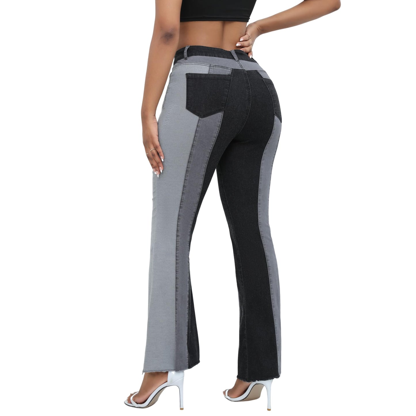 Women’s Color Block Patchwork Flare Jeans High Waisted Bell Bottom Raw Hem Denim Black Color back view