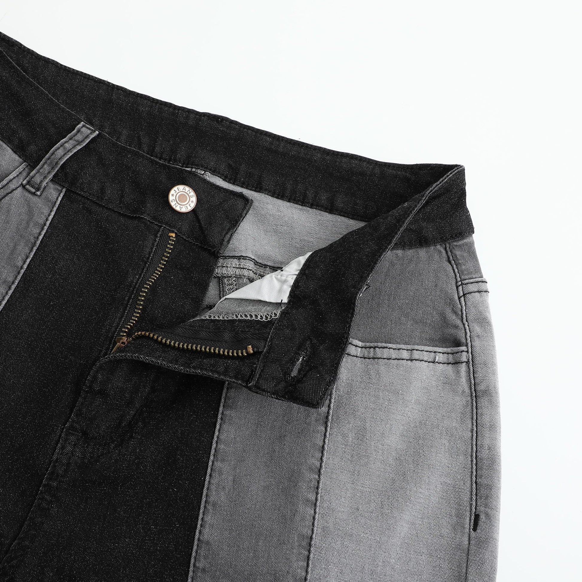 Women’s Color Block Patchwork Flare Jeans High Waisted Bell Bottom Raw Hem Denim Black Color Details