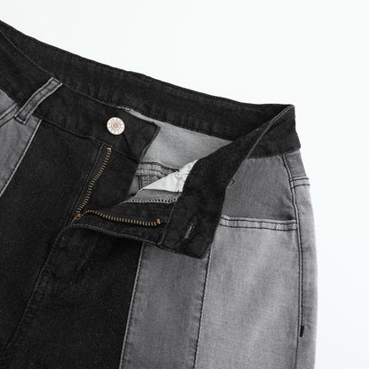 Women’s Color Block Patchwork Flare Jeans High Waisted Bell Bottom Raw Hem Denim Black Color Details