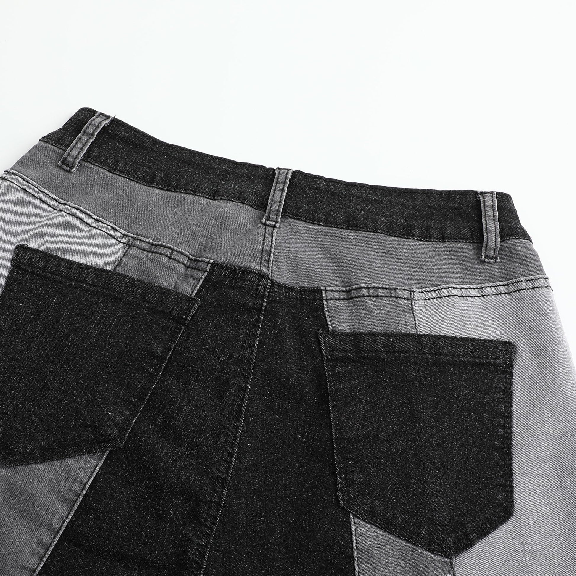 Women’s Color Block Patchwork Flare Jeans High Waisted Bell Bottom Raw Hem Denim Black Color Details