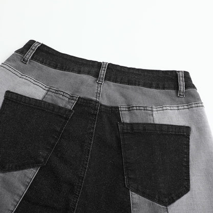 Women’s Color Block Patchwork Flare Jeans High Waisted Bell Bottom Raw Hem Denim Black Color Details