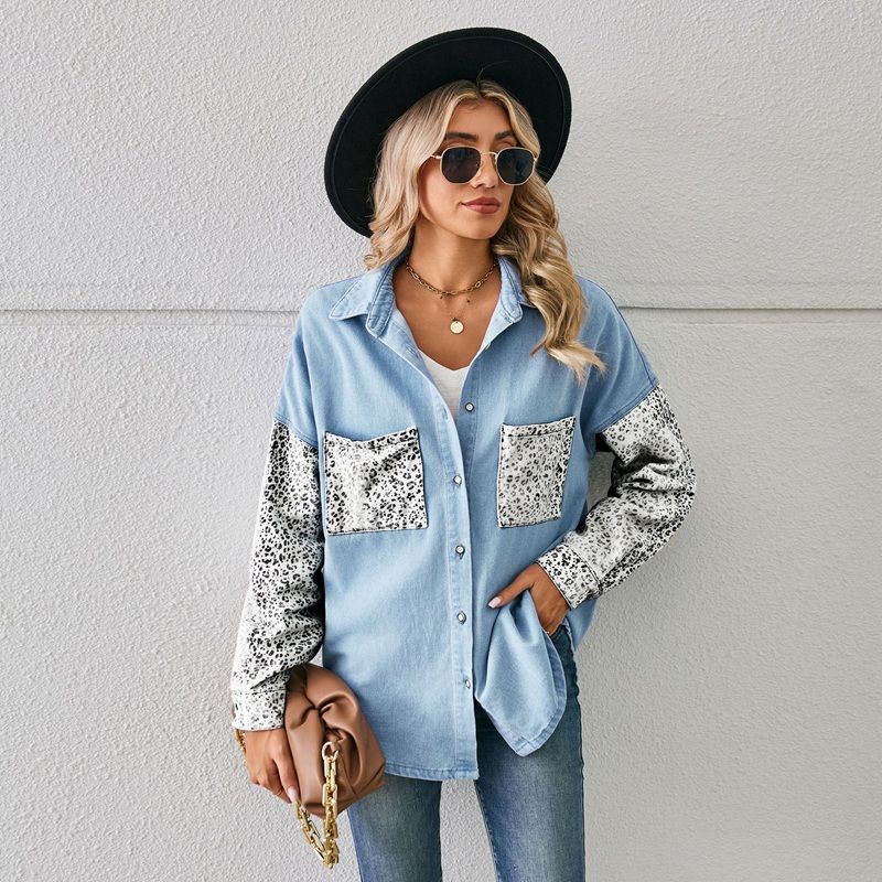 Women¡®s contrast pocket denim shirt button down top in blue, front view