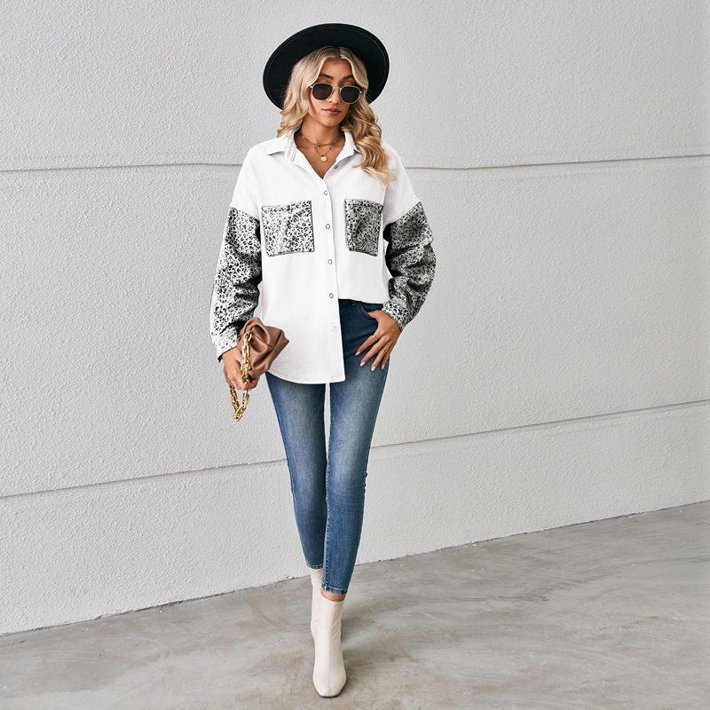 Women¡®s contrast pocket denim shirt button down top in white, front view