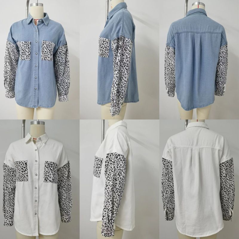Women¡®s contrast pocket denim shirt button down long sleeve top, front and back views