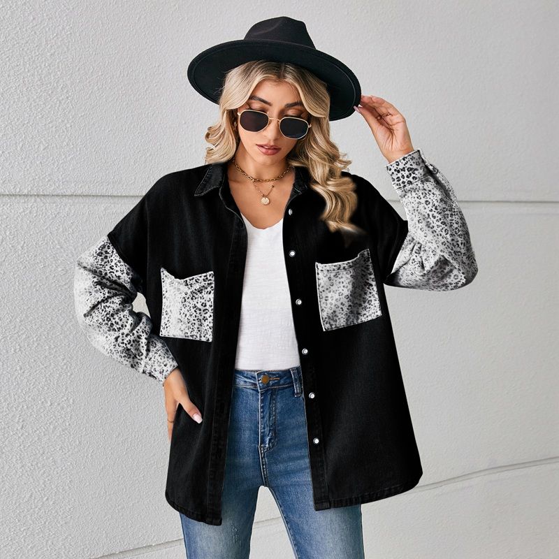 Women¡®s contrast pocket denim shirt button down long sleeve top in black