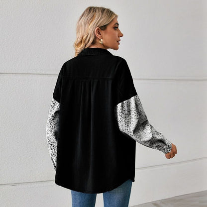 Women¡®s contrast pocket denim shirt button down long sleeve top in black, back view