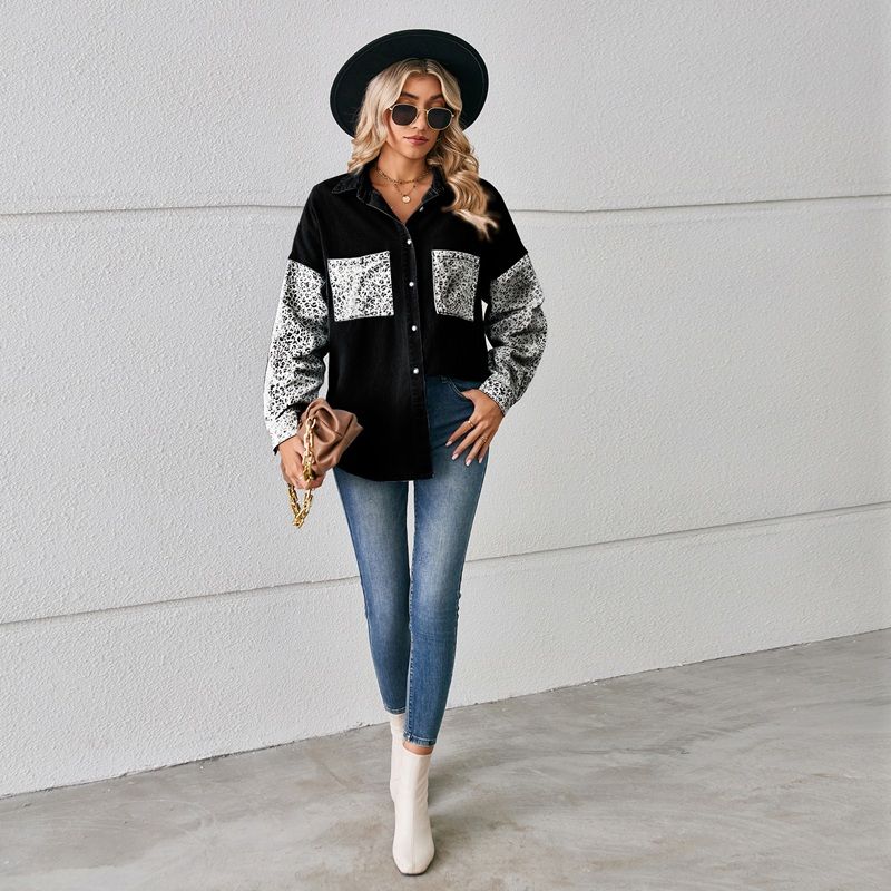 Women¡®s contrast pocket denim shirt button down top in black, front view