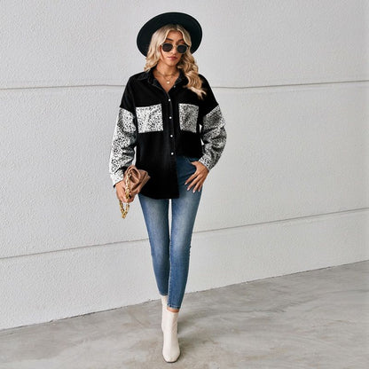 Women¡®s contrast pocket denim shirt button down top in black, front view