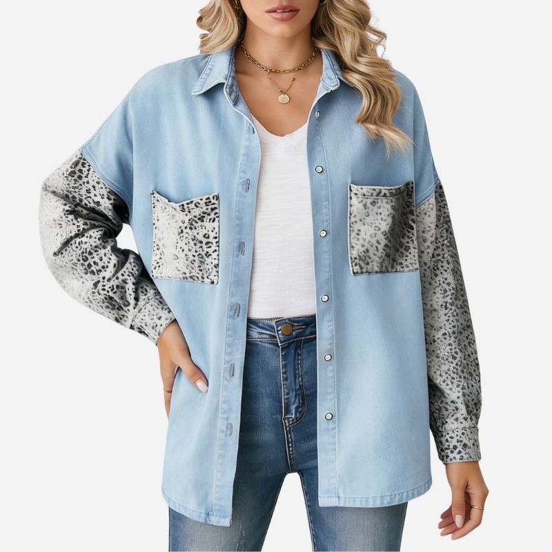 Women¡®s contrast pocket denim shirt button down long sleeve casual top