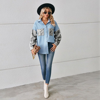 Women¡®s contrast pocket denim shirt button down long sleeve top in blue
