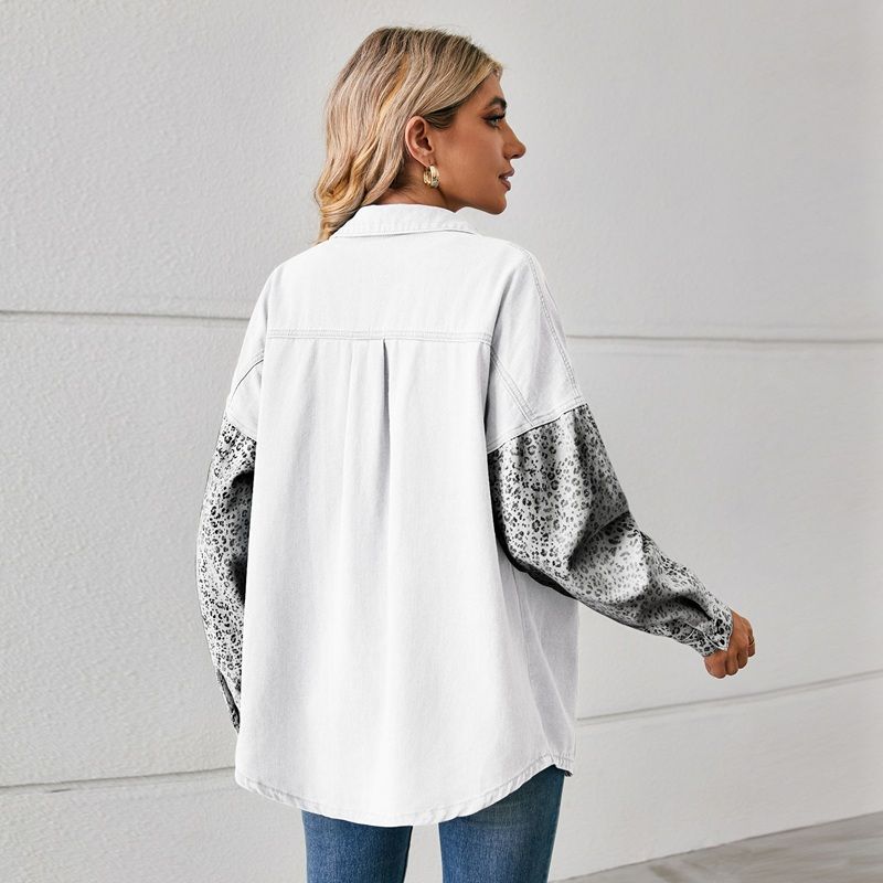 Women¡®s contrast pocket denim shirt button down long sleeve top in white, back view