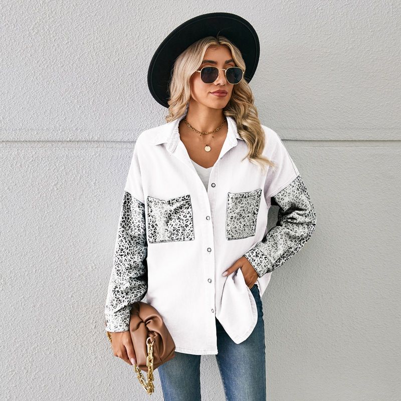 Women¡®s contrast pocket denim shirt button down long sleeve top in white, front view