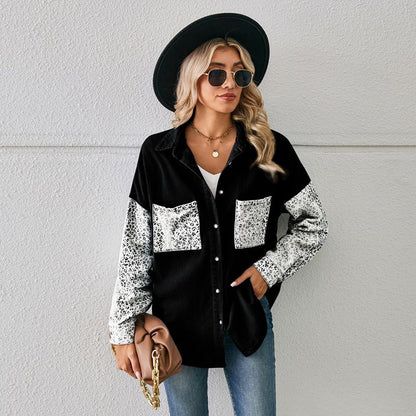 Women¡®s contrast pocket denim shirt button down long sleeve top in black, front view