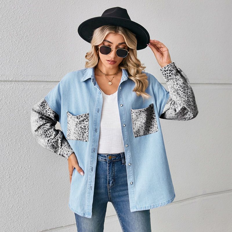 Women¡®s contrast pocket denim shirt button down long sleeve top in blue, front view
