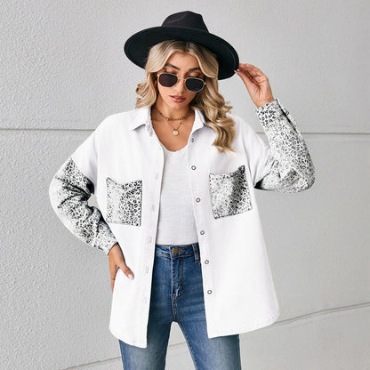 Women¡®s contrast pocket denim shirt button down long sleeve top in white