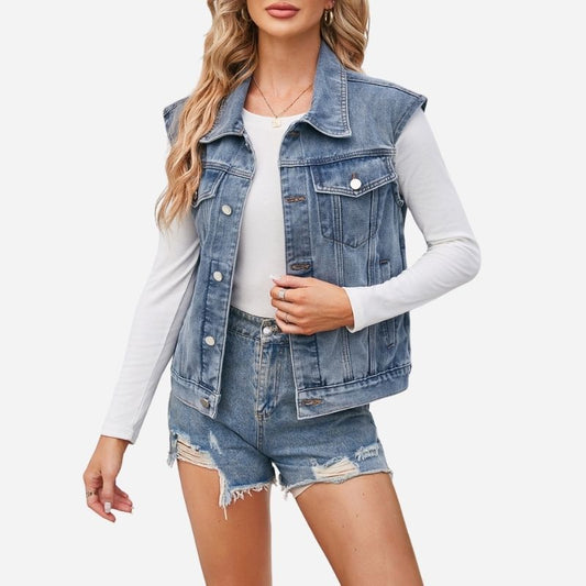 Women's cropped button front denim vest structured sleeveless style