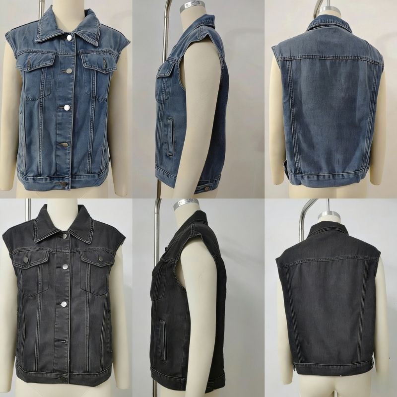 Women's cropped button front denim vest with pockets, front and back views