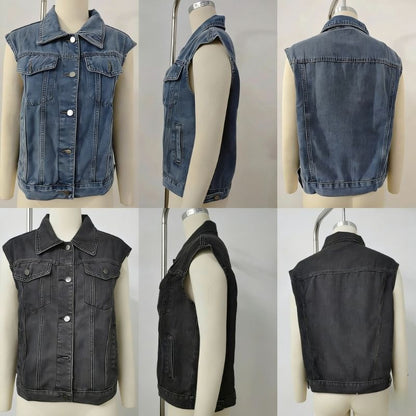 Women's cropped button front denim vest with pockets, front and back views