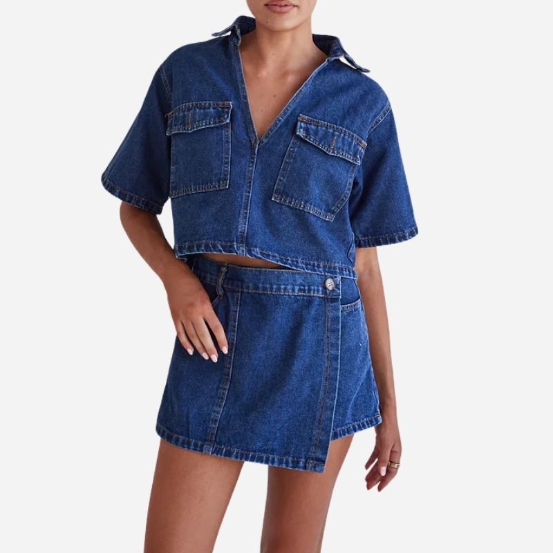 Women¡¯s cropped denim shirt & high waist jean skirt two piece set in blue, front view