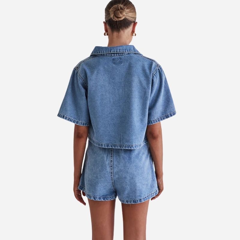 Women¡¯s cropped denim shirt & high waist jean skirt set, back view