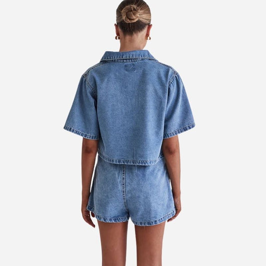 Women¡¯s cropped denim shirt & high waist jean skirt set, back view