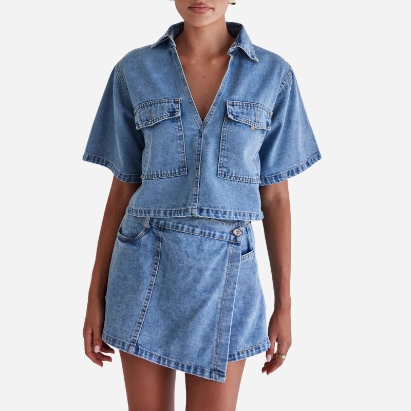 Women¡¯s cropped denim shirt & high waist jean skirt two piece set