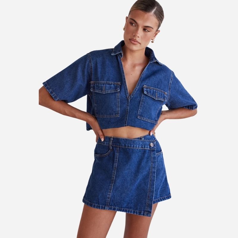 Women¡¯s cropped denim shirt & jean skirt two piece set in blue, front view