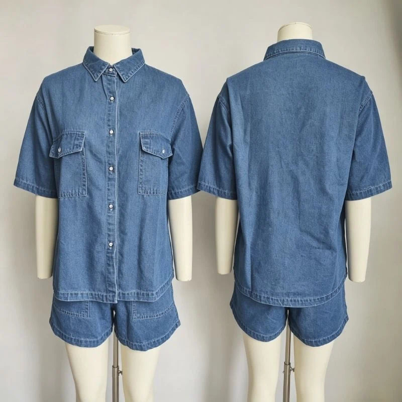 women's denim lounge set short sleeve shirt & drawstring shorts in light  blue, front and back views