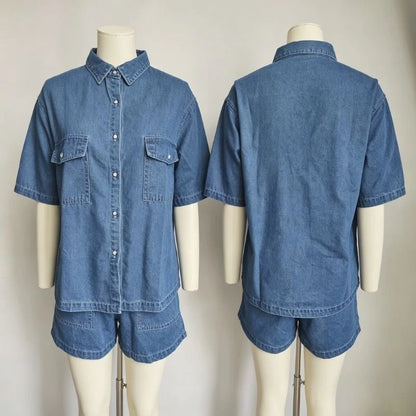 women's denim lounge set short sleeve shirt & drawstring shorts in light  blue, front and back views