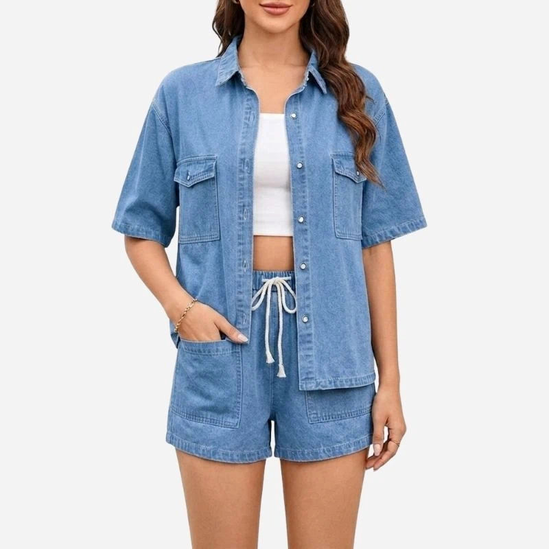 women's denim lounge set short sleeve shirt & drawstring shorts