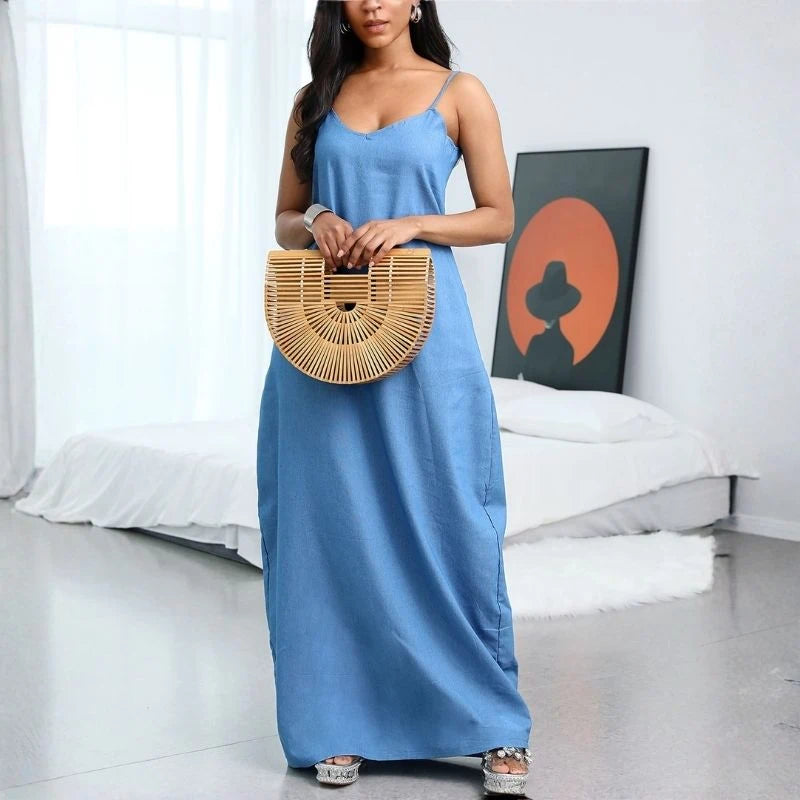 women's denim maxi dress v neck spaghetti strap sundress in blue