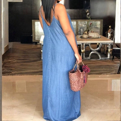 women's denim maxi dress v neck spaghetti strap sundress, back view