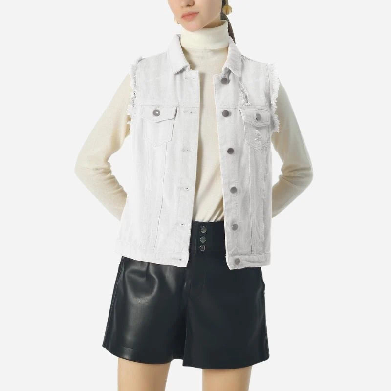 women's denim vest sleeveless jean waistcoat in white, front view