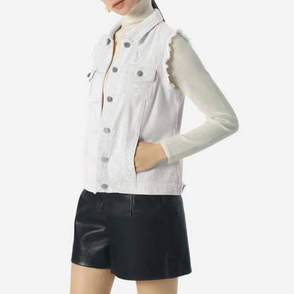 women's denim vest sleeveless jean waistcoat in white, side view