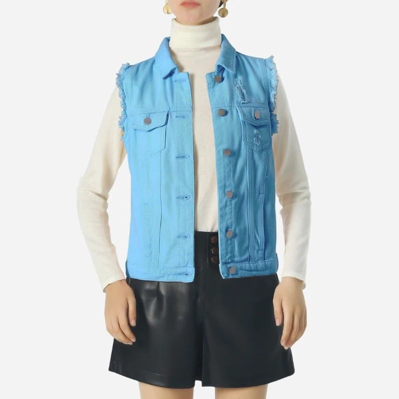 women's denim vest sleeveless jean waistcoat in blue, front view