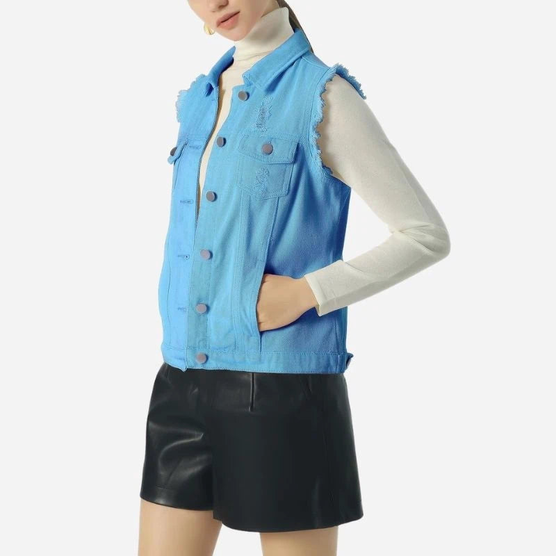 women's denim vest sleeveless jean waistcoat in blue, side view