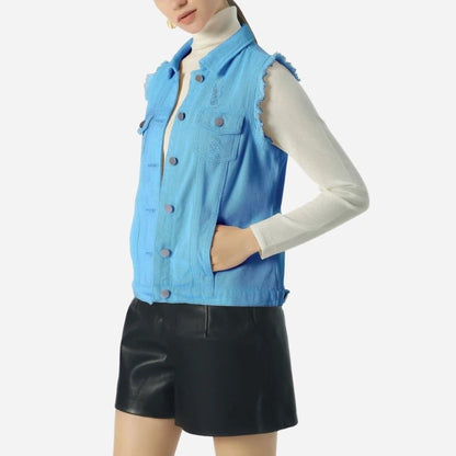 women's denim vest sleeveless jean waistcoat in blue, side view