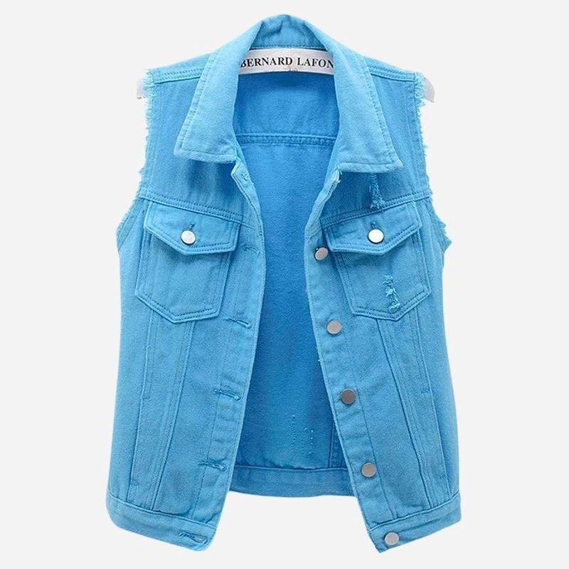women's denim vest sleeveless jean waistcoat in blue