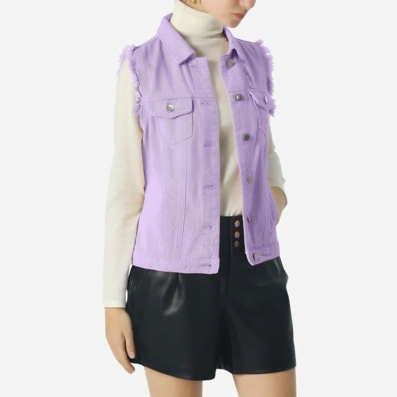 women's denim vest sleeveless jean waistcoat in purple, front view