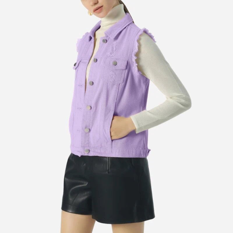 women's denim vest sleeveless jean waistcoat in purple, side view