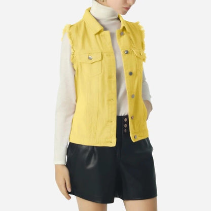 women's denim vest sleeveless jean waistcoat in yellow, front view