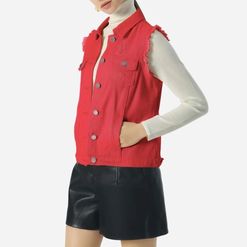 women's denim vest sleeveless jean waistcoat in red, side view